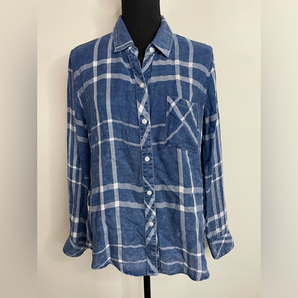 Rails Sz M Hunter Plaid Button Up Shirt Pacific Blue White Soft Long Sleeve